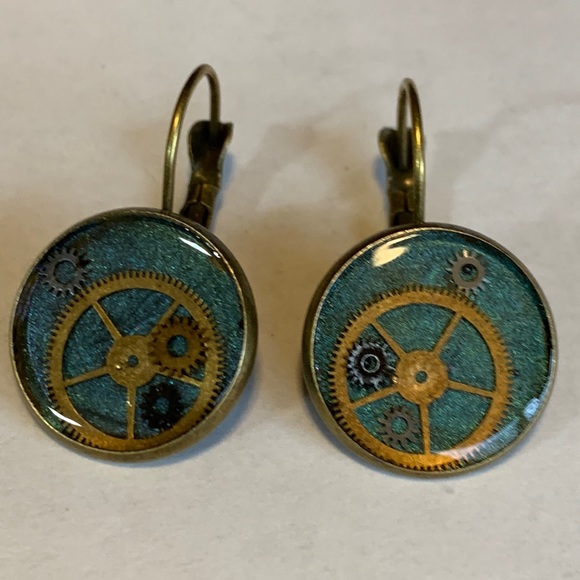 Green Earrings Gears French Levers Handmade New - Picture 2 of 5